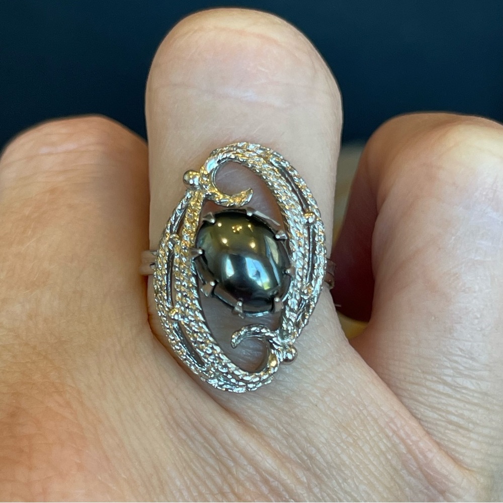 Sarah Coventry 1971 EBB TIDE Silver Tone Hematite Adjustable Ring Vintage